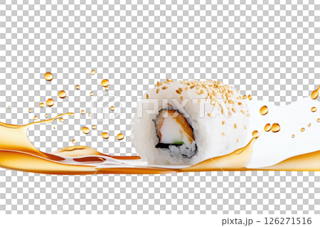 Delicious Sushi Roll with Shrimp and Avocado Surrounded by Splashing Sauce and Abstract Background 126271516