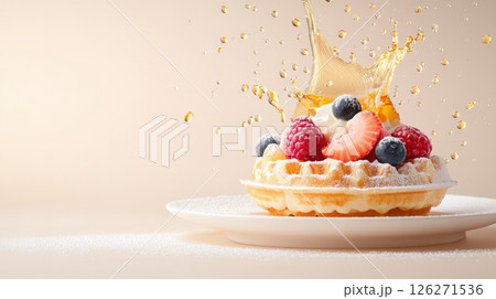 Decadent Fruit Topped Waffle with Luscious Syrup Splash 126271536