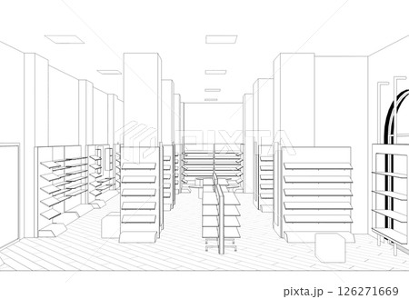 shopping mall, contour visualization, 3D illustration, sketch, outline 126271669