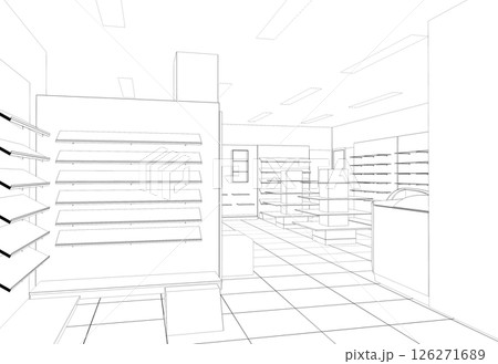 shopping mall, contour visualization, 3D illustration, sketch, outline 126271689