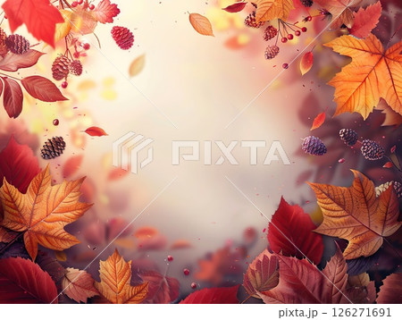 Autumn background with falling leaves and space for text illustration. 126271691