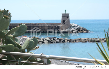 Stone old lighthouse in seafront town of Recco, Liguria. Nature, tourism and recreation, Italy. 126271693