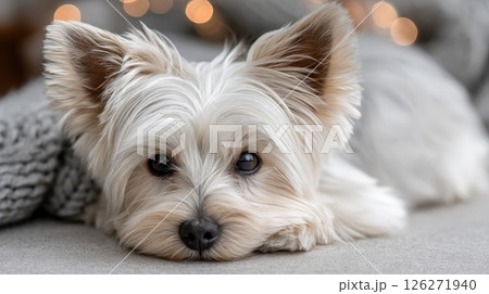 Adorable small white dog resting on soft surface with warm bokeh lights in background Adorable small white dog resting on soft surface with warm bokeh lights in background 126271940