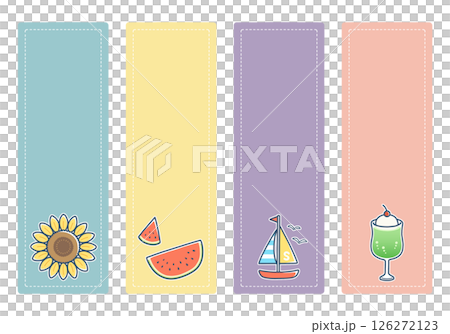 ポップで可愛い夏アイテムのフレームセット：主線あり・長方形・縦書き・4種類 126272123