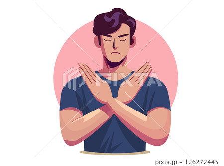 The man crossed his arms across his chest as a sign of denial. 126272445