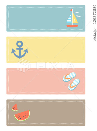 ポップで可愛い夏アイテムのフレームセット：主線なし・長方形・横書き・4種類 126272889