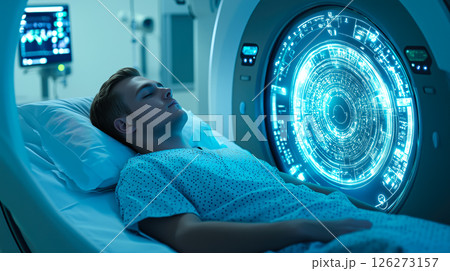 A patient lies calmly inside an MRI machine in a hospital. The concept of advanced medical imaging, healthcare technology, and diagnostic precision. Generative AI 126273157