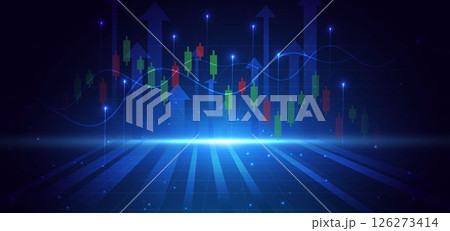 Abstract arrow up with stock market candlesticks glowing light effedct on dark blue background. Business investment concept. Abstract arrow up with stock market candlesticks glowing light effedct on dark blue background. Business investment concept. 126273414