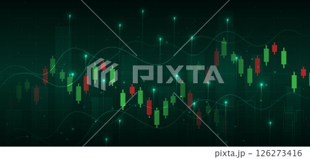 Stock market candlesticks glowing light effedct on dark green background. Business investment concept. Stock market candlesticks glowing light effedct on dark green background. Business investment concept. 126273416