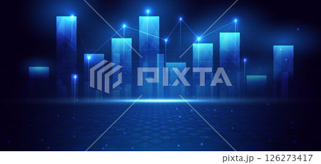 Finance chart stock market growth glowing light effect on dark blue background. Business investment concept. 126273417
