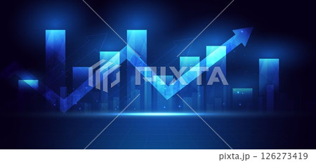 Arrow up finance chart stock market growth glowing light effect on dark blue background. Business investment concept. Arrow up finance chart stock market growth glowing light effect on dark blue background. Business investment concept. 126273419