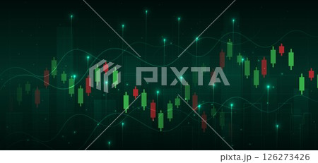 Stock market candlesticks glowing light effedct on dark green background. Business investment concept. 126273426