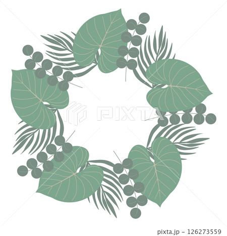 Circular botanical frame featuring lush green leaves and branches. Abstract plant illustration perfect for banners, cards, and invitations. Vector art design 126273559