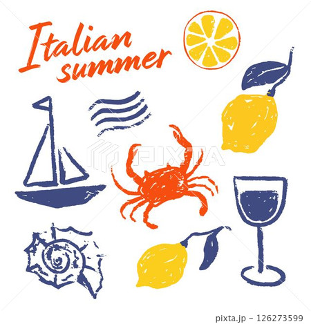 Italian summer vacation illustration set. Vector hand drawn summer elements in grunge rough doodle sketch style. Sea weekend chalk charcoal style drawings for poster, card or sticker. Italian summer vacation illustration set. Vector hand drawn summer elements in grunge rough doodle sketch style. Sea weekend chalk charcoal style drawings for poster, card or sticker. 126273599