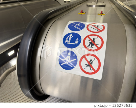 Close up of escalator safety instruction sign with multiple pictograms showing prohibited actions. Public transport safety concept with clear visual guidance for passengers Close up of escalator safety instruction sign with multiple pictograms showing prohibited actions. Public transport safety concept with clear visual guidance for passengers 126273633