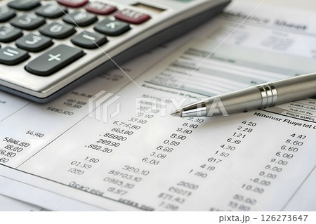 Financial spreadsheet with calculator and silver pen on desk, accounting and business analysis concept, budget planning and economic data review 126273647