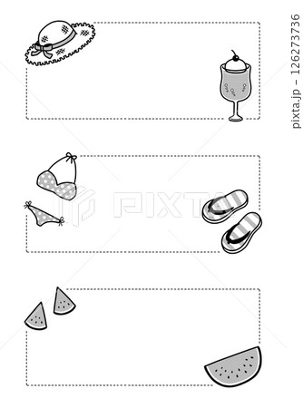 ポップで可愛い夏アイテムのフレームセット:モノクロ・透過・長方形・横書き・3種類 ポップで可愛い夏アイテムのフレームセット:モノクロ・透過・長方形・横書き・3種類 126273736