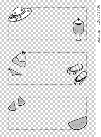 ポップで可愛い夏アイテムのフレームセット:モノクロ・透過・長方形・横書き・3種類 ポップで可愛い夏アイテムのフレームセット:モノクロ・透過・長方形・横書き・3種類 126273736