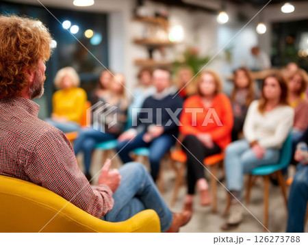 Informal group listening to male speaker during discussion session 126273788