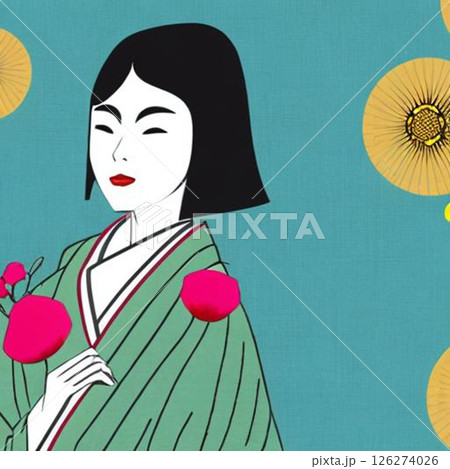 日本人女性のイラスト！10代、20代、30代、40代ぐらいかな？背景はポップな花柄 126274026