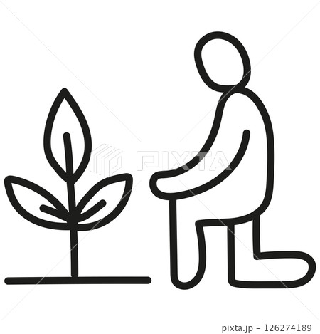 nature conservation concept. Gardener kneeling beside a young plant, symbolizing growth and nurturing. .hand drawn doodle line style 126274189