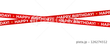Birthday tape with red diagonal ribbons, bold Happy Birthday text, festive vibe, party caution concept. Perfect for invitations, cards, banners, packaging, events. Isolated vector illustration. 126274312