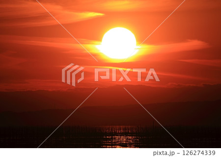大牟田市　有明海　海苔畑の夕暮れ、 126274339