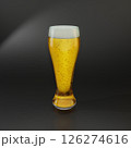 Realistic 3d render glass of beer. Cold classic lager beer with foam in tall transparent glass over black background. Copy space 126274616