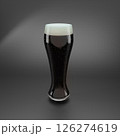 Realistic 3d render glass of beer. Dark cold stout beer with foam in tall transparent glass over black background. Copy space 126274619