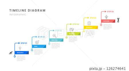 Timeline infographic business roadmap with 6 milestones elements, diagram, arrow, and icon, vector. 126274641