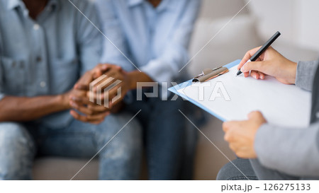Professional Couples Therapy. Unrecognizable Afro Spouses Holding Hands Visiting Marital Counselor. Selective Focus, Cropped 126275133