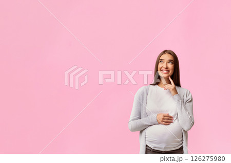 Mother-To-Be Dreams. Happy Pregnant Girl Dreaming About Child Standing Over White Studio Background. Free Space 126275980