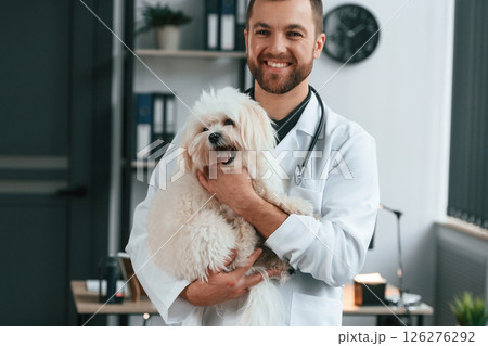 Doctor in white coat is standing and holding maltese dog in hands. In the clinic Doctor in white coat is standing and holding maltese dog in hands. In the clinic 126276292
