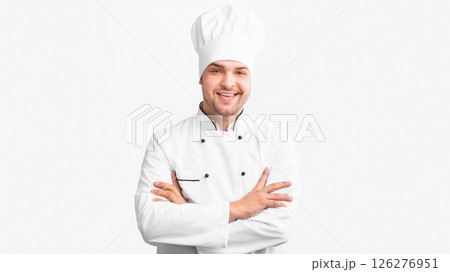 Smiling Chef Man Standing Crossing Hands Looking At Camera Over White Background In Studio. Panorama 126276951