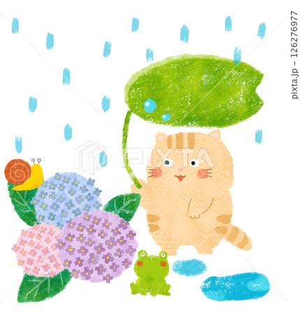雨の日の紫陽花の花とかえるとカタツムリとねこ クレヨンタッチ 雨の日の紫陽花の花とかえるとカタツムリとねこ クレヨンタッチ 126276977