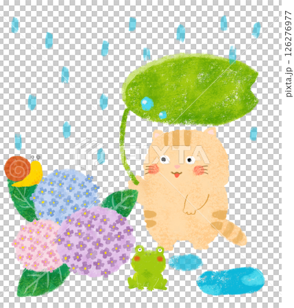 Hydrangea flowers on a rainy day, a frog, a snail and a cat, crayon drawing 126276977