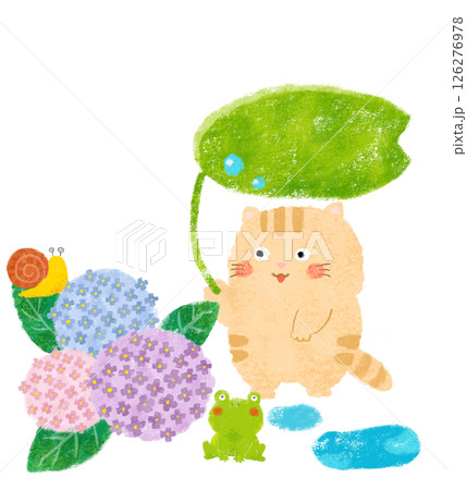 紫陽花の花とかえるとカタツムリとねこ　水たまり　クレヨンタッチ 126276978
