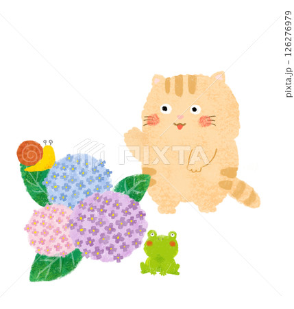 紫陽花の花とかえるとカタツムリとねこ　クレヨンタッチ 126276979