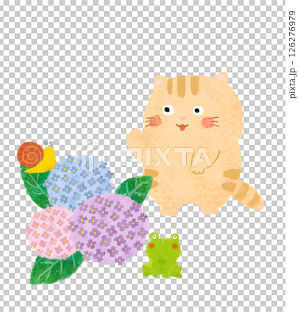 紫陽花の花とかえるとカタツムリとねこ　クレヨンタッチ 126276979