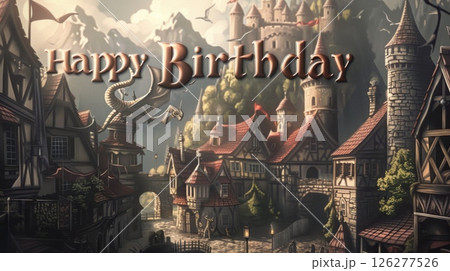 A vibrant fantasy village filled with castles, charming houses, and a dragon in the sky celebrating a birthday. 126277526