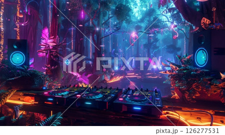 A DJ setup with two mixers and speakers sits in a glowing, fantastical forest, surrounded by glowing trees and neon lights. 126277531