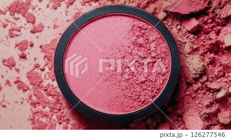 A circular compact of pink blush sits amidst scattered powder, showcasing its vibrant tone and texture. The soft blush color creates a contrast against the light background. 126277546