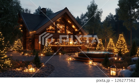 A charming cabin is beautifully decorated with twinkling holiday lights, surrounded by glowing trees and lanterns. A charming cabin is beautifully decorated with twinkling holiday lights, surrounded by glowing trees and lanterns. 126277562