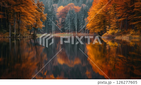 Vibrant autumn leaves surround a calm lake, reflecting golden and orange hues in the still water under a cloudy sky. 126277605