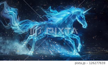 A blue unicorn runs through the night, leaving a trail of sparkling dust in its wake. 126277639