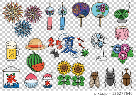 かわいい夏の手描きイラスト素材セット 126277646