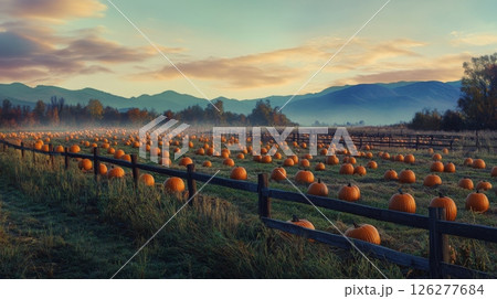 Rows of vibrant orange pumpkins fill the field at dawn, surrounded by a gentle mist and silhouetted mountains. The serene atmosphere invites visitors to enjoy the beauty of autumn harvest. 126277684