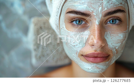A woman with a white mask covering her face. 126277685