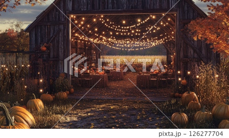 A beautifully decorated barn features twinkling lights strung overhead, with tables set for a festive autumn gathering. Pumpkins are scattered around, creating a seasonal atmosphere at dusk. 126277704