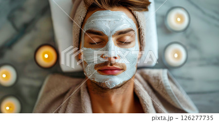 A serene man enjoys a pampering facial treatment surrounded by lit candles. 126277735